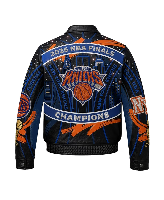 New York Knicks 2026 Champions Swarovski Leather Jacket Back