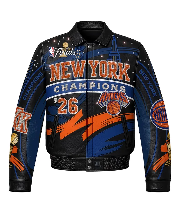 New York Knicks 2026 Champions Swarovski Leather Jacket Front