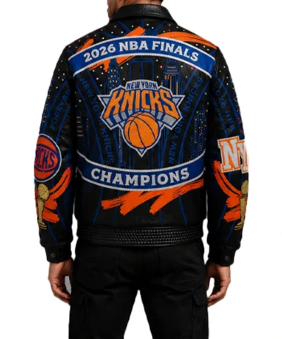 New York Knicks 2026 NBA Finals Champions Swarovski Leather Jacket Back
