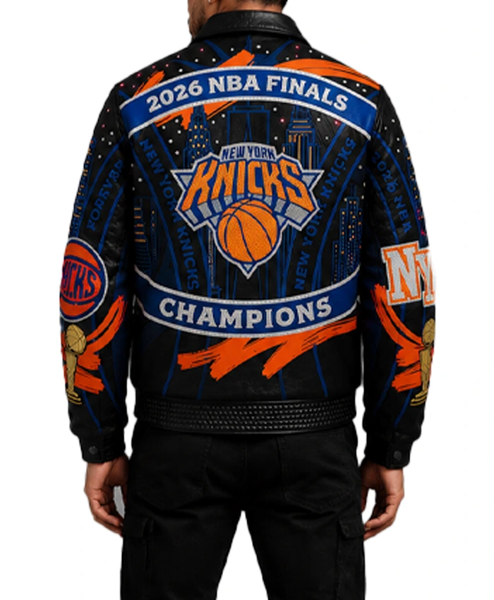 New York Knicks 2026 NBA Finals Champions Swarovski Leather Jacket Back