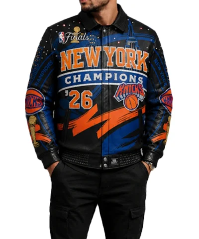 New York Knicks 2026 NBA Finals Champions Swarovski Leather Jacket Front