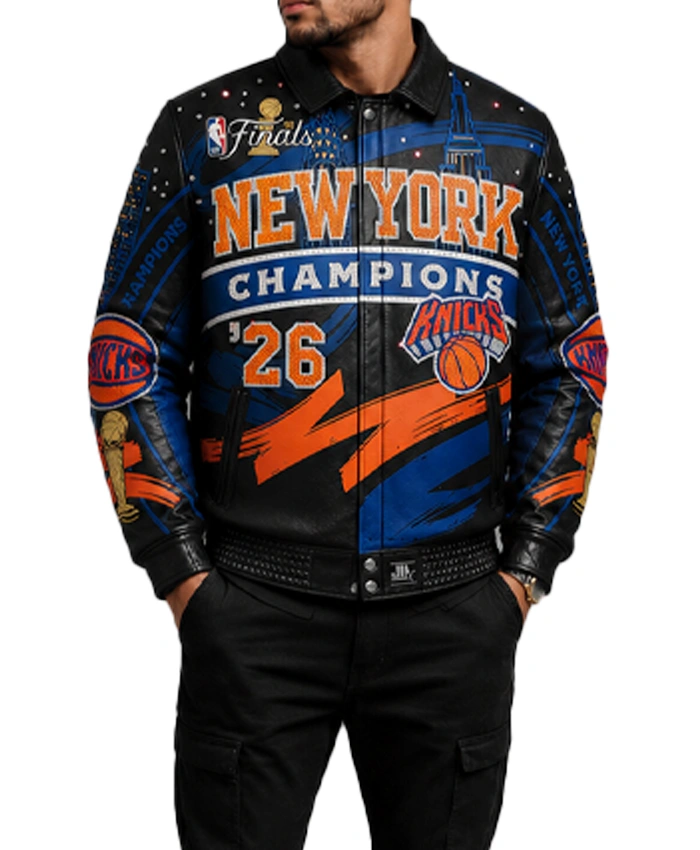 New York Knicks 2026 NBA Finals Champions Swarovski Leather Jacket Front
