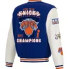 New York Knicks JH Design 2026 NBA Finals Champions Reversible Varsity Jacket back