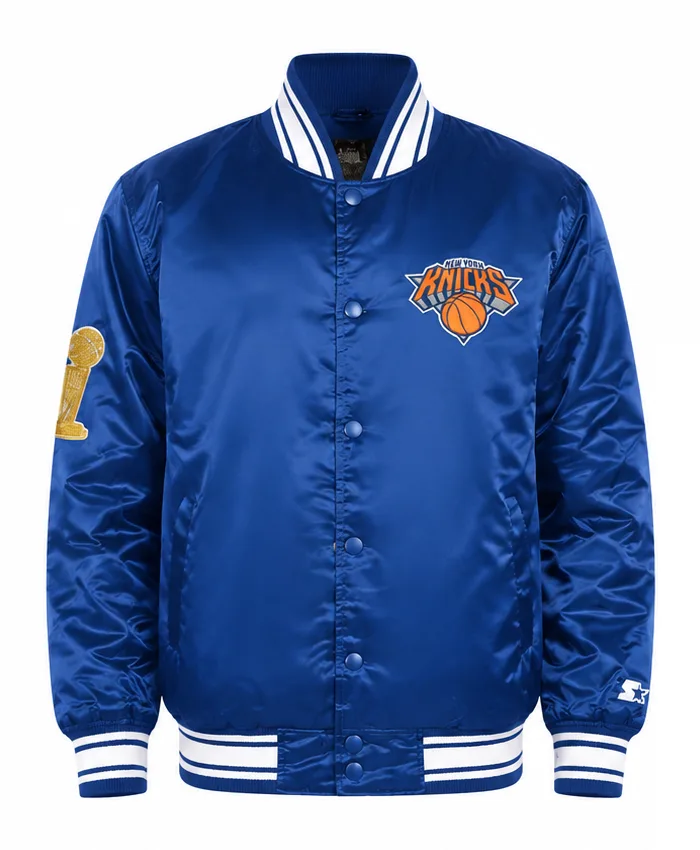 New York Knicks Starter 2026 NBA Finals Champions Satin Varsity Jacket Front
