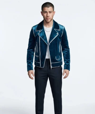 Nick Jonas Film Power Ballad 2026 Danny Wilson Blue Velvet Biker Jacket