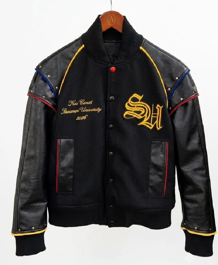 Order Now Kai Cenat Custom Streamer University Black Wool Leather Jacket Sale