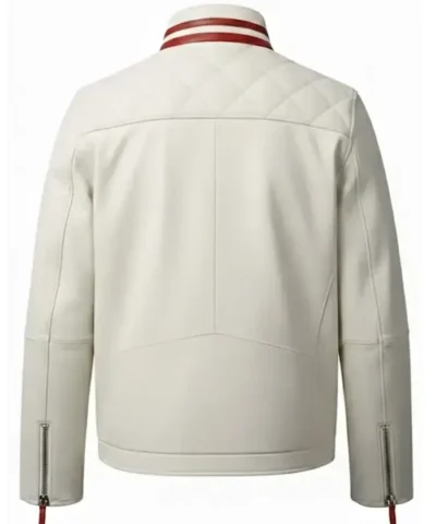 Quilted White Leather Moto Racer Jacket for Mens Back