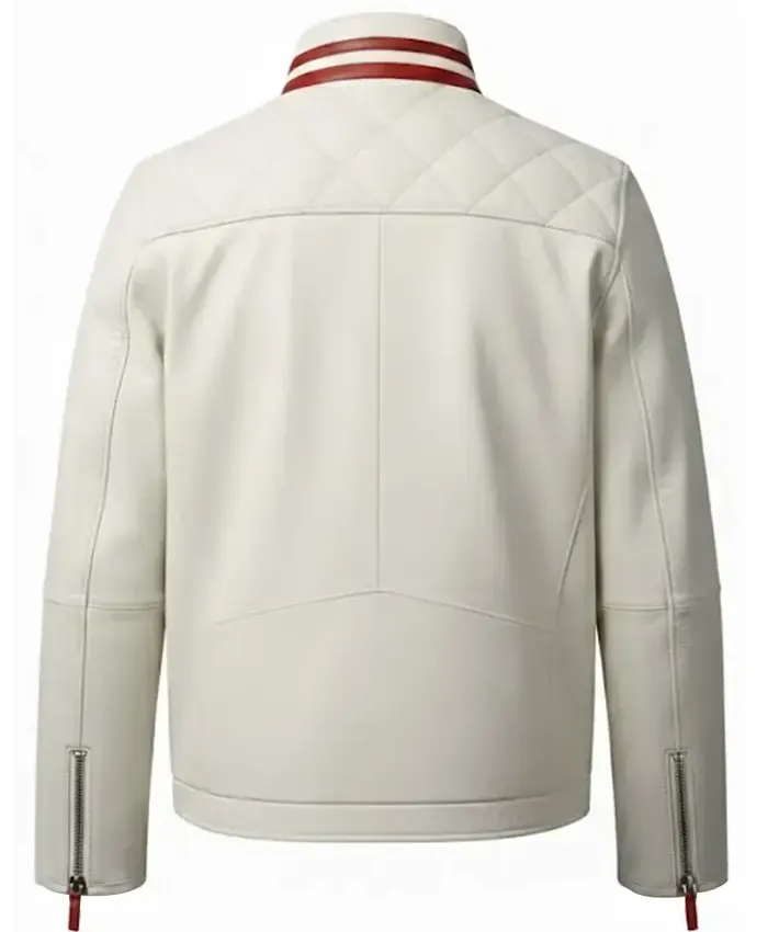 Quilted White Leather Moto Racer Jacket for Mens Back