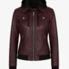 Removable Hood Real Leather Womens Burgundy Bomber Jacket