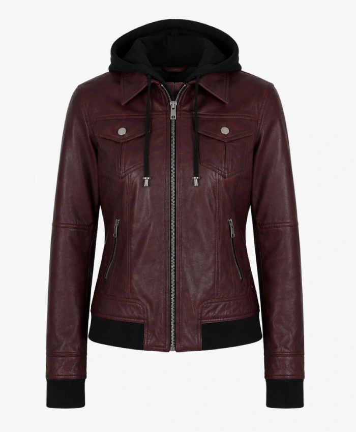 Removable Hood Real Leather Womens Burgundy Bomber Jacket