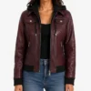 Real Leather Womens Burgundy Bomber Jacket with Removable Hood