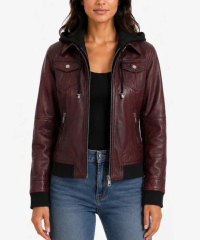 Real Leather Womens Burgundy Bomber Jacket with Removable Hood