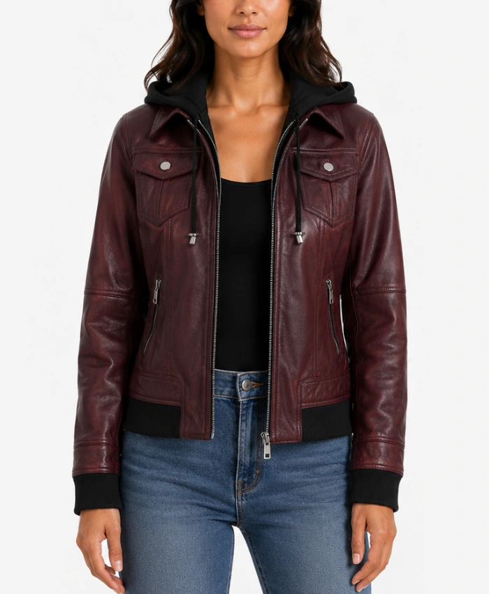 Real Leather Womens Burgundy Bomber Jacket with Removable Hood