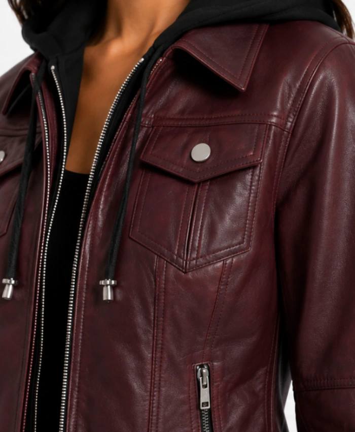Womens Leather Burgundy Bomber Jacket with Removable Hood