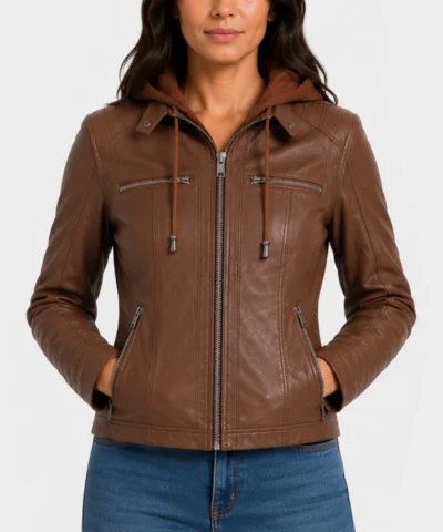 Women's Cognac Leather Jacket With Removable Hood in Brown