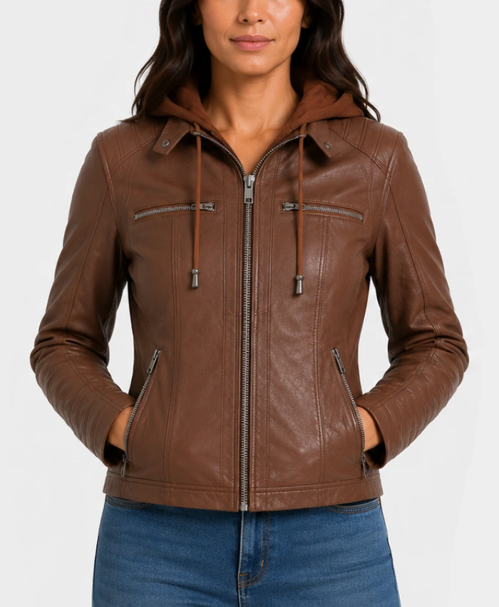 Women's Cognac Leather Jacket With Removable Hood in Brown