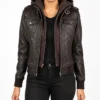 Roslyn Hooded Leather Bomber Jacket in Brown