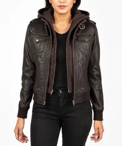 Roslyn Hooded Leather Bomber Jacket in Brown
