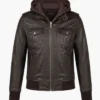 Womens Roslyn Brown Hooded Leather Bomber Jacket
