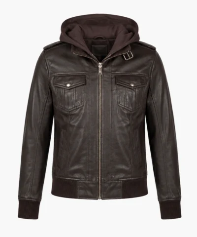 Womens Roslyn Brown Hooded Leather Bomber Jacket