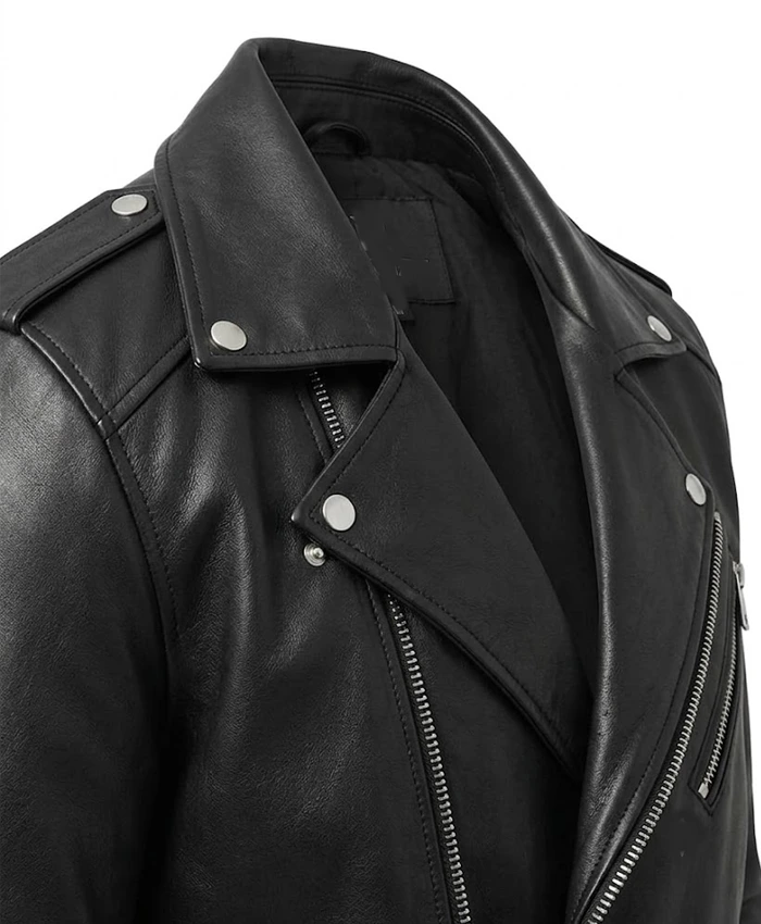 Rustline Black Leather Biker Jacket