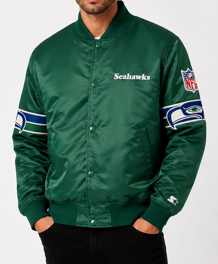 Seattle Seahawks 1990s Green Satin Jacket Front View