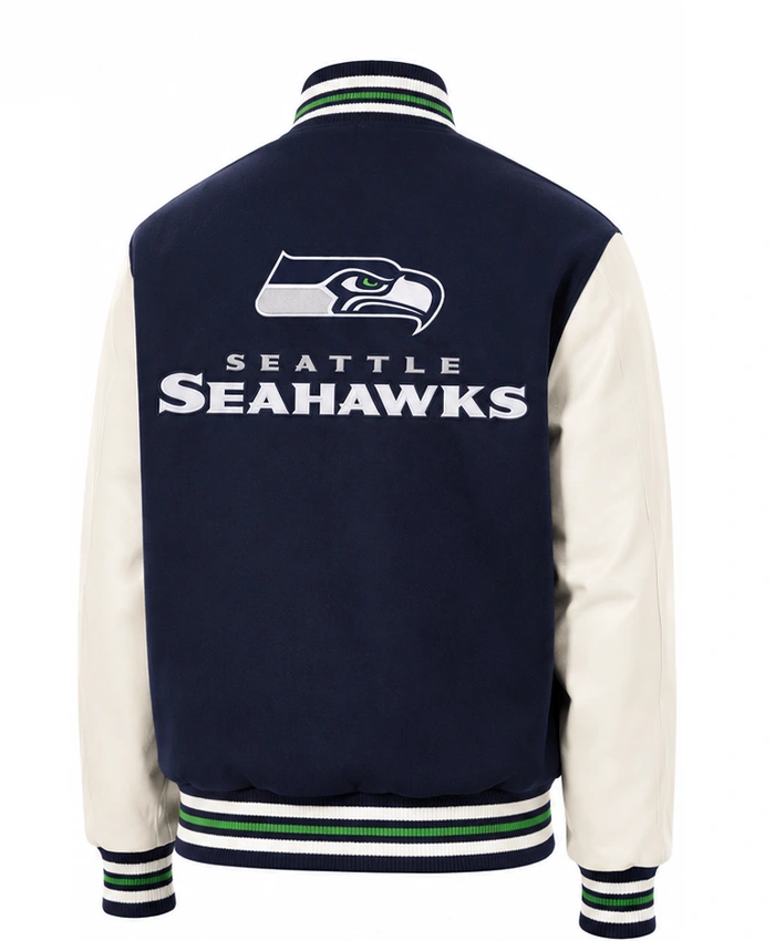 Seattle Seahawks Blue and White Two-Tone Varsity Jacket Back
