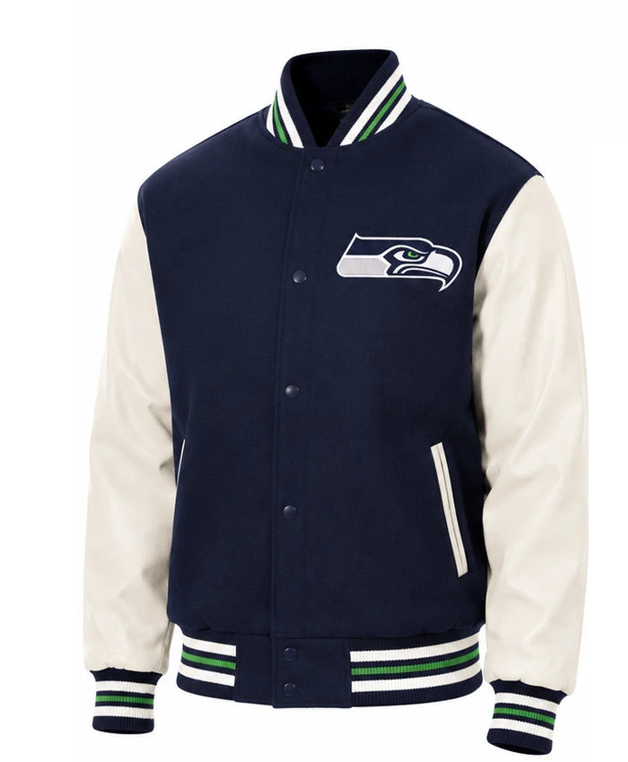 Seattle Seahawks Blue and White Two-Tone Varsity Jacket Front