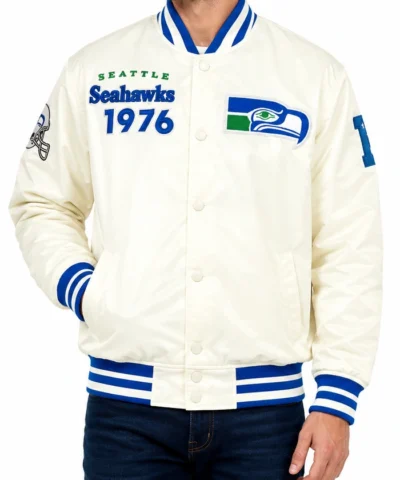 Seattle Seahawks Cream Snap Tab Throwback Classic Jacket Front View