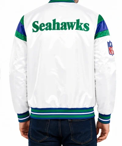 Seattle Seahawks Midweight Snap Tab White Satin Jacket Back