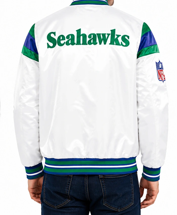 Seattle Seahawks Midweight Snap Tab White Satin Jacket Back
