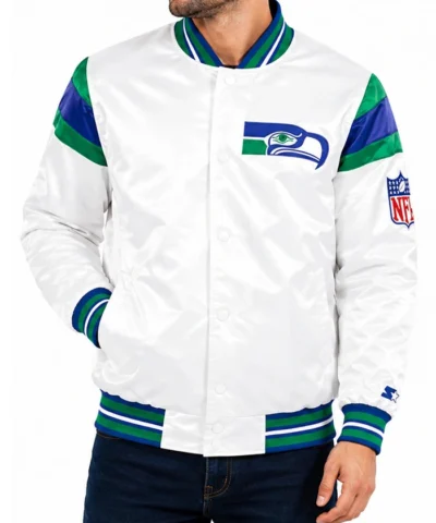 Seattle Seahawks Midweight Snap Tab White Satin Jacket Front