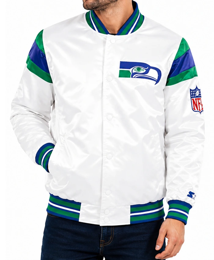 Seattle Seahawks Midweight Snap Tab White Satin Jacket Front