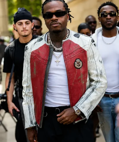 Shop Gunna Paris Fashion Week 2026 Under Armour Vintage Moto Red and White Leather Jacket For Men and Women