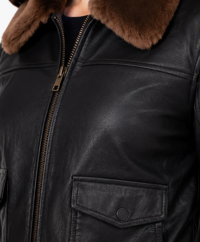 Women Black Leather Bomber Jacket With Fur Collar