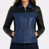 Womens Blue and Black Color Block Leather Jacket for sale