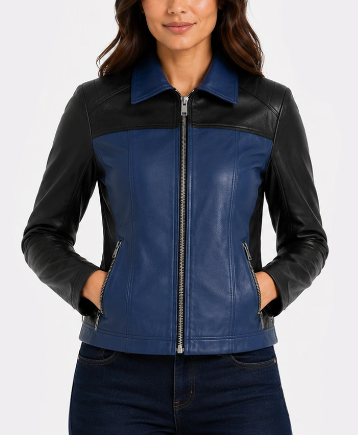 Womens Blue and Black Color Block Leather Jacket for sale