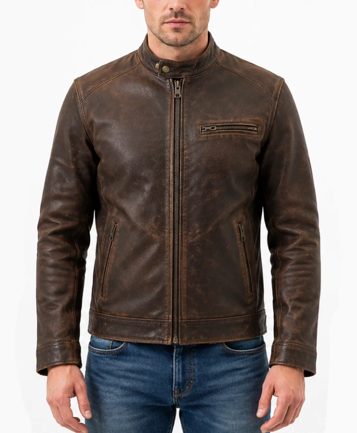 Men Vintage Distressed Leather Motorcycle Jacket