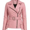 Women Asymmetrical Belted Pink Leather Jacket