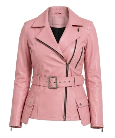 Women Asymmetrical Belted Pink Leather Jacket