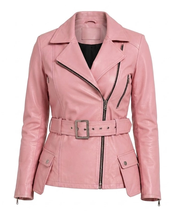 Women Asymmetrical Belted Pink Leather Jacket