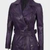 Women Asymmetrical Belted Purple Leather Jacket