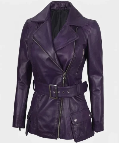 Women Asymmetrical Belted Purple Leather Jacket
