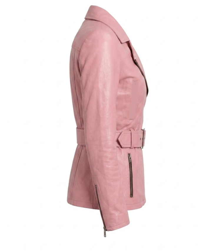 Women Belted Asymmetrical Pink Leather Jacket
