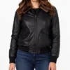Ladies Black Leather Bomber Jacket With Fur Collar​