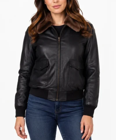 Ladies Black Leather Bomber Jacket With Fur Collar​