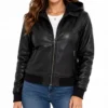 Black Leather Bomber Jacket With Removable Hood​ for women