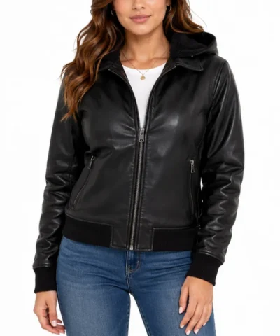 Black Leather Bomber Jacket With Removable Hood​ for women