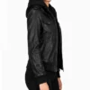 Black Bomber Real Leather Jacket with Removable Hood for Women's
