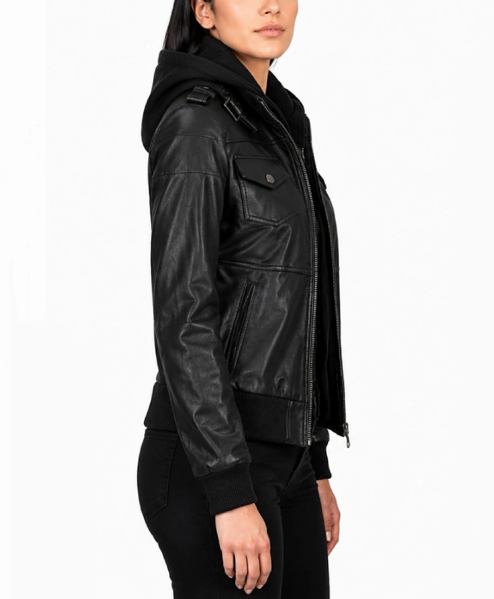 Black Bomber Real Leather Jacket with Removable Hood for Women's